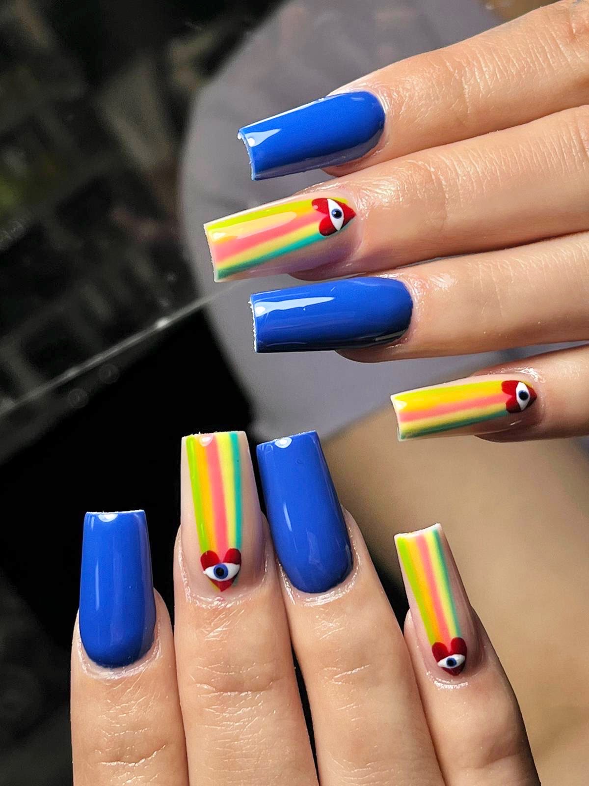 Blue rainbow custom nail art